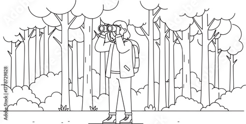 Minimalist Line Art of Person with Binoculars Exploring Forest
