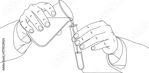 Line Art: Scientist Hands Pouring Liquid from Beaker into Test Tube for Chemical Experiment