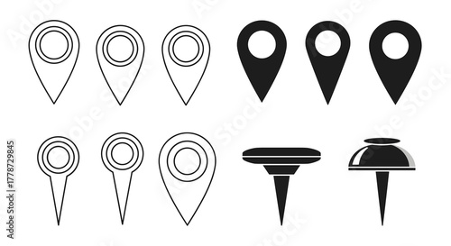 Map Markers and Push Pins for Location Mapping and Business Presentation Design on White Background: Navigation, Directional Icons for Corporate Strategy and Planning Illustration, Black and White Sym