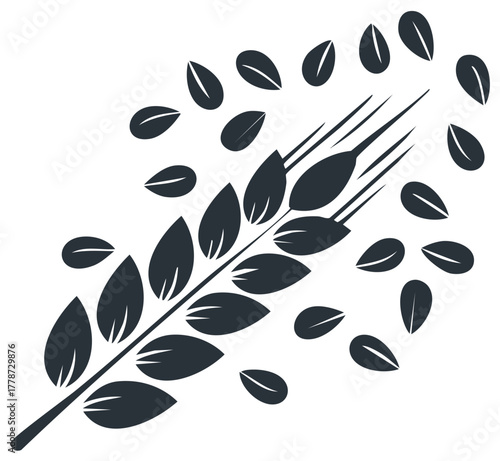 Stylized ear of wheat with scattered grains vector icon for agriculture and bakery concepts