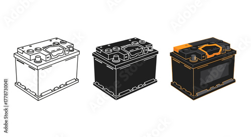 Automotive Battery Set Illustration in Line Art, Solid Fill, and Colored Versions: Car Power Source Graphic for Vehicle Maintenance, Repair, Engineering, and Energy Solutions in Modern Business Presen