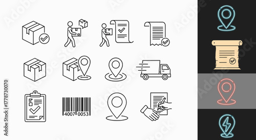 Delivery and Logistics Icon Set Depicting Shipping, Tracking, and Confirmation for E-commerce and Supply Chain Management in a Modern, Clean Line Art Style for Presentations and Website Designs with E