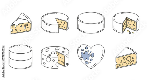 Assorted Cheeses Illustration with Holes & Mold: Dairy Delights for Foodies, Restaurant Menus & Culinary Arts Projects, Line Art Graphic in White and Yellow, Delicious & Tasty Treats for Gastronomy De