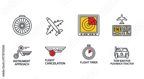 Aviation Icon Set: Modern Linear Design for Airport Operations & Air Travel Management.  Includes Aircraft, Radar, Flight Timer, Instrument Approach, Cancellation. For Presentation & Education on Tran