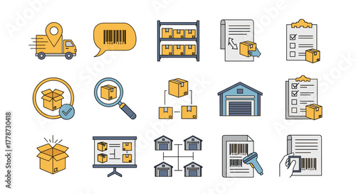 Logistics and Supply Chain Management Icons Illustrating Delivery, Warehouse Operations, and Inventory Tracking for E-commerce, Shipping and Global Distribution, Modern Vector Graphic Design, Professi