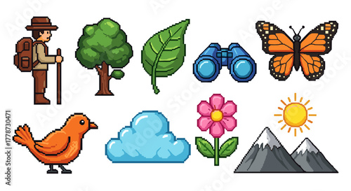 Pixel Art Nature Exploration: Hiker Adventures in the Wilderness Featuring Trees, Butterfly, Bird, and Mountains for Outdoor Lifestyle and Environmental Education, Adventure Game Graphics, 8-bit Style