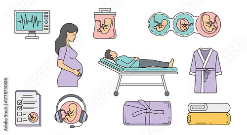 Labor and Delivery Preparation: Expectant Mother at Prenatal Checkup Awaiting Childbirth, Monitoring Fetal Health & Fetus Development, Packing Hospital Bag for Maternity Care, Modern Line Art Illustra