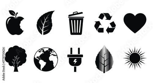 Ecological Sustainability Icons Emphasizing Environmental Awareness for a Greener Future, Featuring Renewable Energy, Recycling, and Waste Reduction, Promoting a Sustainable Lifestyle for Presentation