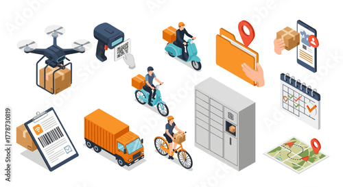Isometric Delivery Service: Modern Logistics Solutions with Drone, Trucks, Scooters & Bikes Delivering Packages for E-commerce & Retail, Digital Scanning, Location Tracking & Calendar Planning, Innova