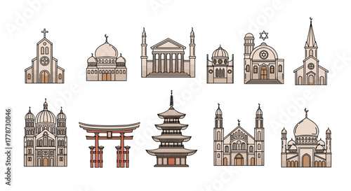 Illustrative Cultural Religious Buildings Lineup Displaying Diverse Faiths and Architectural Styles, including Churches, Mosques, Synagogues, Temples for Educational Spiritual Presentations and Global