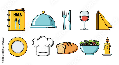 Restaurant Dining Experience Vector Illustration: Featuring a Menu, Cloche, Silverware, Wine, Napkin, Plate, Chef Hat, Bread, Salad Bowl, and Candle, Perfect for Restaurant Promotion and Food Industry