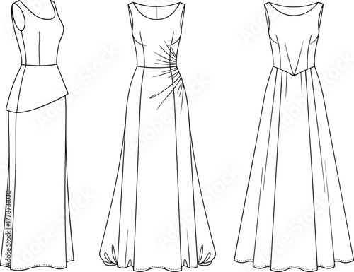 Evening Gown and Maxi Dress Technical Fashion Sketch Set, Draped, Peplum, and A-Line Designs, CAD Vector Template, Apparel Design Resource.