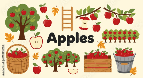 Abundant Apple Harvest Illustration: Fresh Red Apples Gathering in Orchard Setting for Fall Season Marketing, Education, and Food Industry Projects, Vibrant Colors and Playful Design, Promoting Health