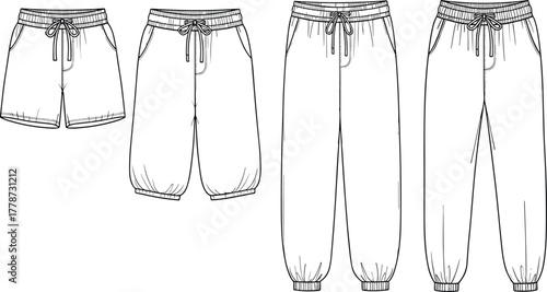 Athletic Bottoms Technical Sketch Set: Shorts, Capri Pants, and Joggers with Drawstrings, Flat CAD Vector Templates, Apparel Design Resource.