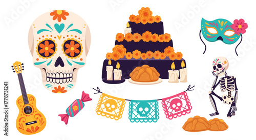 Vibrant Dia de los Muertos Celebration Featuring Sugar Skull, Cake, Guitar, and Decorations for Festive Occasions, Traditional Celebrations, Cultural Events, and Hispanic Heritage Month (Celebratory,