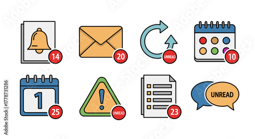 Notifications and Reminders Icon Set: Stay Organized with Calendar Events, Email Alerts, and Important Updates – Ideal for Business, Productivity, Communication, and Time Management Applications & Mod