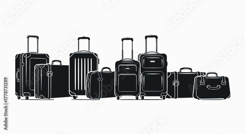 Collection of Black Luggage and Suitcases for Travel and Vacation Preparation, Ready for Airport Transportation, Represents Corporate Business Trip and Personal Journey, Stylish Modern Accessories for