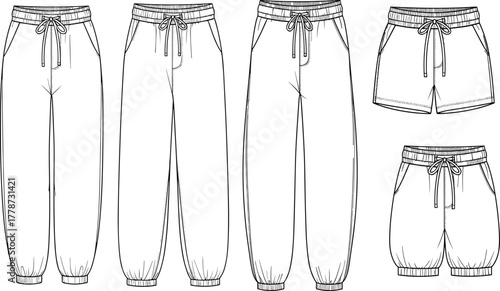 Jogger Pants and Shorts Technical Sketch Set, Elastic Waistband, Drawstring Cords, Vector CAD Flat Templates, Casual Athleisure Wear Collection.