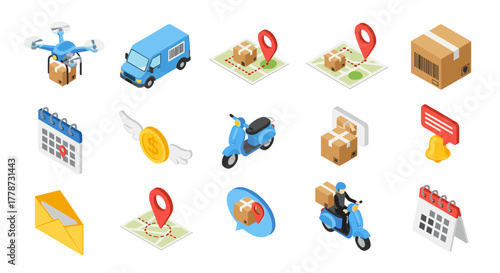 Isometric Delivery Service Icons: Drone, Van, Scooter Delivering Packages & Parcels via Online Order Tracking, Fast Shipping Notification, on Time Schedule, and Reliable Transport for E-commerce, Logi