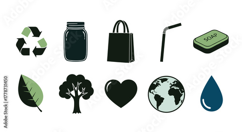 Eco-Friendly Living Illustrations: Promoting Sustainability and Environmental Awareness through Graphic Elements Showcasing Recycling, Natural Resources, Zero Waste, and Earth Conservation for Green I