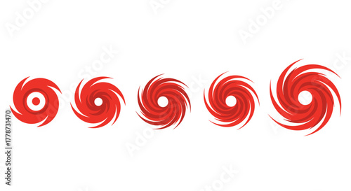 Red Hurricane Evolution Sequence Illustrating Intensification and Growth Against White Backdrop, Representing Disaster Preparedness, Meteorology and Scientific Study, Useful for Presentations, Infogra