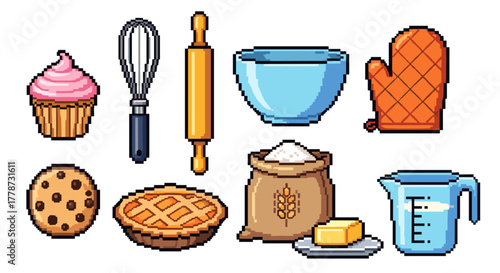 Retro Pixel Art Baking Preparation: An array of baking ingredients and utensils set on a white background for a cooking themed design, highlighting culinary arts, recipe creation, nostalgic video game