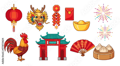 Chinese New Year Pixel Art Celebration: Festive Lunar Holiday Icons with Dragon, Lantern, Rooster, and Firecrackers for Cultural Traditions, Celebrations, Presentations & Retro Gaming Projects (Vector