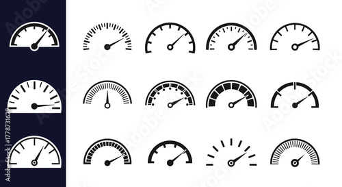 Collection of Speedometer Gauges Indicating Velocity and Performance on White Background, Representing Progress Tracking, Technological Measurement and Automotive Systems, Ideal for Business Dashboard