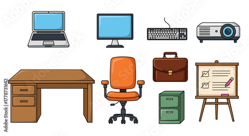 Office Workspace Essentials Illustration: Workplace Setup with Desk, Chair, Laptop, Computer, Projector for Presentation, and Whiteboard Display for Business, Modern Style, Office Equipment, Stationer
