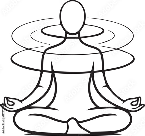 Stylized illustration of a person meditating in a lotus position with concentric circles radiating outwards symbolizing energy aura or spiritual awakening