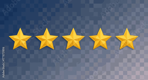 Five Golden Stars Displaying Excellent Rating on Abstract Background for Business Success and Customer Satisfaction, Ideal for Online Reviews, Product Evaluation, and Service Feedback, Representing Hi