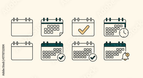 Modern Calendar Icons Representing Schedule Management, Appointments, Deadlines, and Reminders for Professional Business Planning, Productivity, and Time Organization in a Digital Graphic Style for Pr
