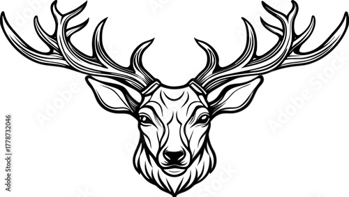 Very beautiful reindeer head silhouette vector on a white background, showcasing elegant antlers and smooth lines, minimalist black design perfect for logos, holiday graphics, or decorative artwork.