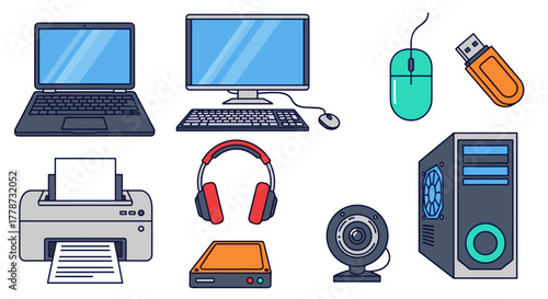 Comprehensive Suite of Computer Peripherals and Electronics Set for Office or Home, Illustrating Technology, Connectivity, and Digital Lifestyle in Modern Workspace Setup (Devices, Input, Output, Acce