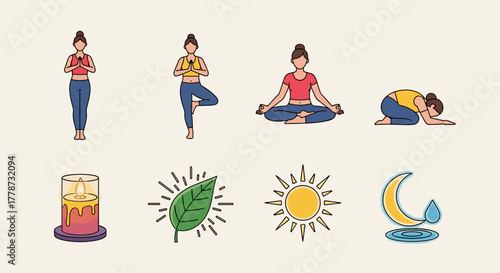Mindful Meditation Poses & Natural Elements: Women Practicing Yoga, Finding Balance and Wellness through Relaxation, Harmony & Inner Peace, Spiritual Growth, for Healthcare Presentation, Marketing, Ex