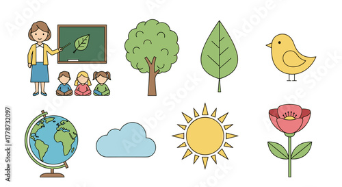 Educational Teacher Explaining Nature to Students with Globe, Plants, and Sun Illustrations for Children's Learning about Science and Environment in a Classroom Setting, Ideal for Presentation or Webs