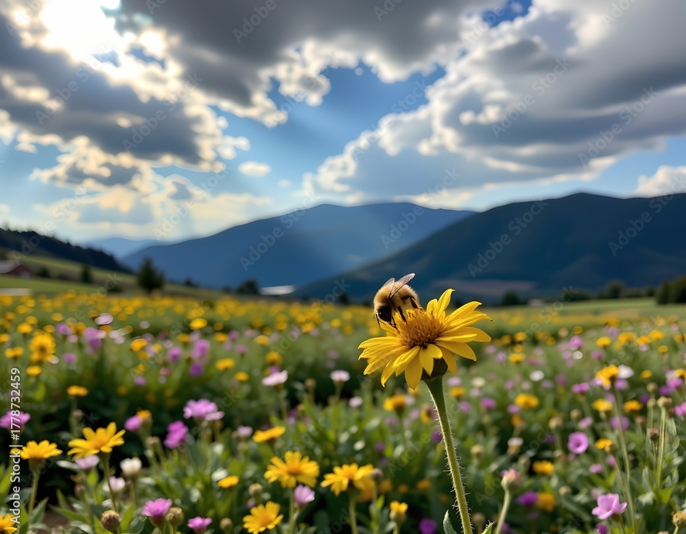Obraz premium Serene Wildflower Field with Bee and Mountain View