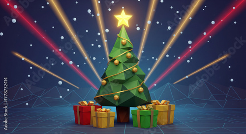 Low-Poly Christmas Tree with Gifts and Retro Neon Light Beams