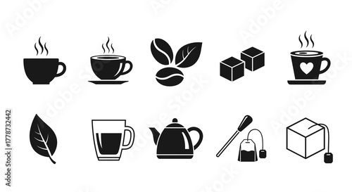 Tea and Coffee Icons Collection: Brewing Beverages, Enjoying Hot Drinks at Cafe, Conceptual Food and Beverage Industry Art for Menu, Presentation, and Branding Projects, Modern Vector Graphic Resource