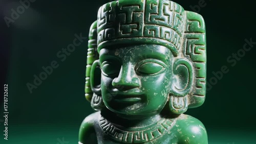 A jade carving of a serene face with intricate headwear, detailed against a dark green backdrop