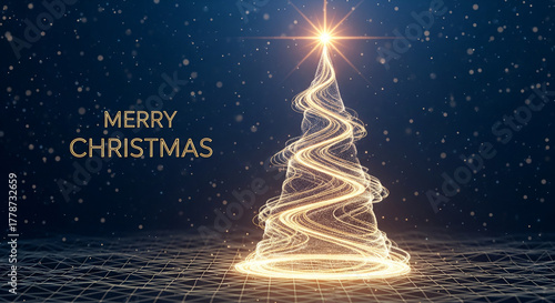 Golden Light Trails Christmas Tree on a Dark Grid Background