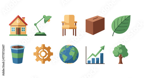Colorful Icon Set Illustrating Growth and Sustainability in a Modern World: House, Lamp, Chair, Donation Box, Leaf, Coffee, Gear, Globe, Graph and Tree Representing Diverse Concepts for Business, Envi