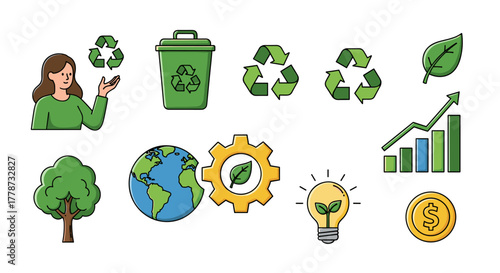 Woman Promoting Sustainability, Recycling, and Eco-Friendly Practices for Business Growth and Environmental Protection in a Modern, Eco-Conscious World:  Illustrating Green Energy, Waste Reduction, Re