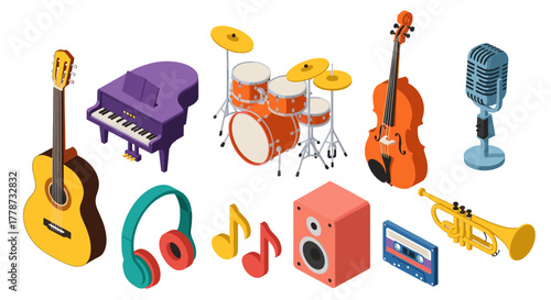 Isometric Musical Instruments Arranged for Orchestral Performance, Concert Band, or Music Production, Ideal for Educational Presentations, School Band, or Choir Marketing Materials, Featuring Piano, G