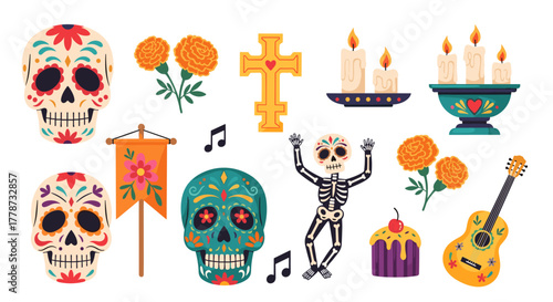 Festive Day of the Dead Altar Decorations and Offerings, Celebrating Día de Muertos with Sugar Skulls, Marigolds, Candles, and Musical Instruments in a Colorful Celebration for Print and Web Design (V