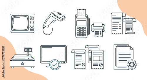Essential Business Operations Icons Set: Streamlined Retail Transactions, Modern Technology Solutions, and Efficient Data Management – Illustrating POS Systems, Barcode Scanners, and Electronic Paymen