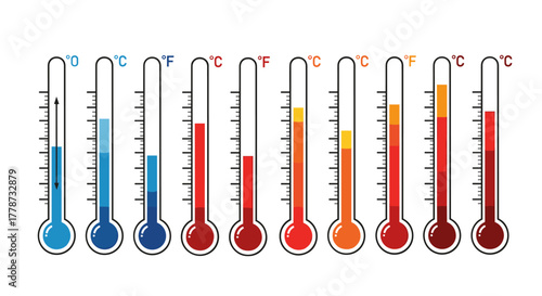 Illustrative Thermometer Set Showing Varying Temperatures for Scientific Measurement and Climate Studies in Medical Settings Depicting Celsius, Fahrenheit for Weather Monitoring, Education, Presentati