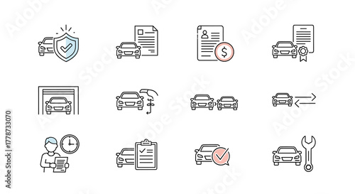 Car Service Icons Set: Vehicle Maintenance, Repair, and Insurance Services in Modern Minimalist Line Art Style – Automotive Care, Auto Protection, Inspection, and Transportation Solutions for Business