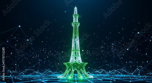 Luminous Low-Poly Minar-e-Pakistan with Futuristic Digital Network