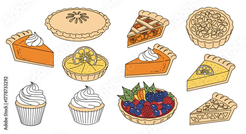 Assorted Pies and Cupcakes Illustration: Hand-Drawn Pastries, Dessert Variety, Baking Concept for Recipes, Menus, and Sweet Treats Presentations in Food Industry, Ideal for Creative Marketing and Webs